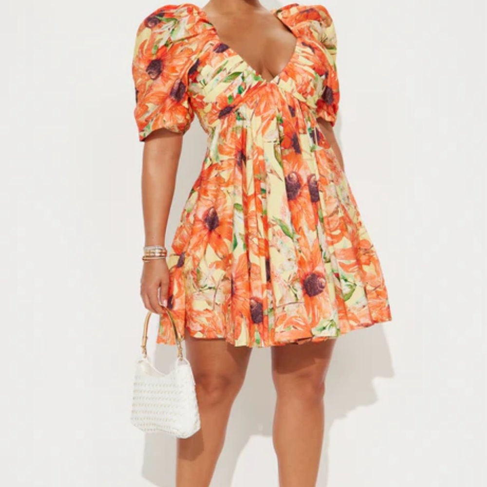 Fashion Nova Orange Smocked Puff Sleeve Midi Dress